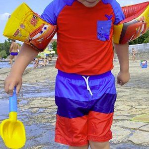 Next toddler boy swim set shorts and sunsafe blue orange top rushguard 6-7 years